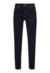 Donkerblauwe denim jeans met een slim fit, met zichtbare stiksels, voorzakken en een rits.