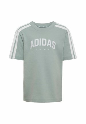 T-shirt de sport Adidas vert clair à manches courtes, bandes blanches aux épaules et texte "ADIDAS" sur la poitrine.
