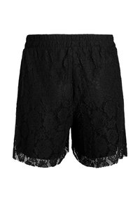 Pantaloni corti in pizzo nero con vita elastica, caratterizzati da motivi floreali e orlo scallop per un tocco di texture e dettaglio.