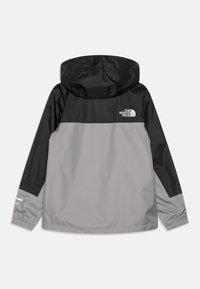 Grauweißer und schwarzer Kapuzenjacke mit glattem Äußeren, elastischen Bündchen und Logo auf dem Rücken. Leichtgewichtig, mit einem farbenfrohen Blockdesign.