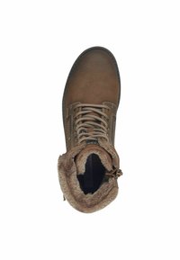 Bottine en cuir marron avec un col doux en fourrure, des détails en dentelle texturée et une semelle robuste pour le soutien et le confort.