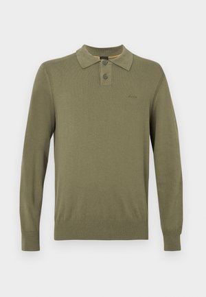 Olivově zelená dlouhá polokošile z hladkého materiálu, s klasickým límečkem, dvoubotkovou légou a žebrovanými manžetami a lemem.