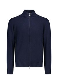 Cardigan blu navy con zip, colletto e polsini a coste, realizzato in materiale morbido. Presenta una zip frontale completa e un orlo elastico in vita.
