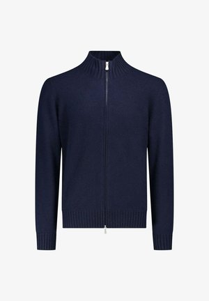 Marineblauwe zip-up cardigan met geribde kraag en manchetten, gemaakt van zachte stof. Heeft een volledige rits aan de voorkant en een elastische zoom op de taille.
