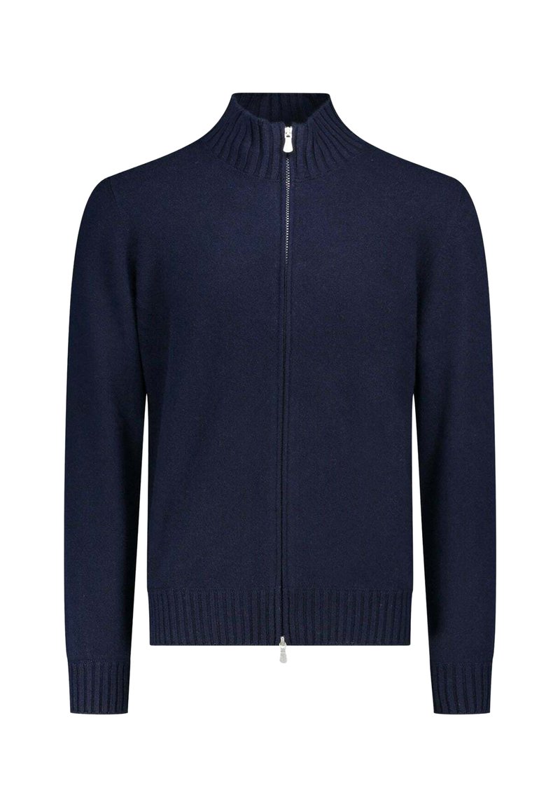 Cardigan blu navy con zip, colletto e polsini a coste, realizzato in materiale morbido. Presenta una zip frontale completa e un orlo elastico in vita.