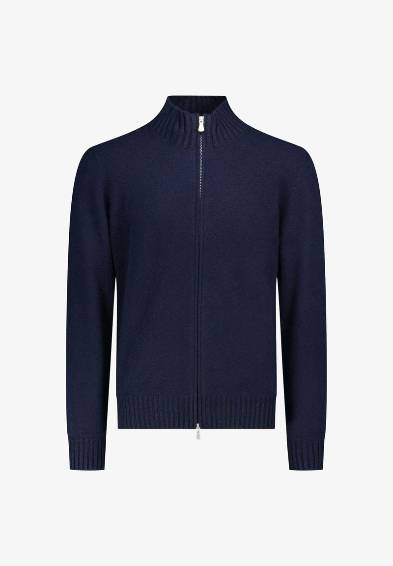 Cardigan blu navy con zip, colletto e polsini a coste, realizzato in materiale morbido. Presenta una zip frontale completa e un orlo elastico in vita.