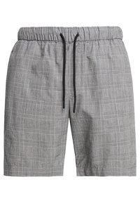 Shorts à carreaux gris avec une taille élastique et un cordon de serrage noir. Tissu doux avec un motif à carreaux et poches latérales.