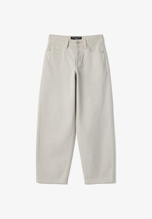 Hellbeige Jeans mit hoher Taille und geradem Bein, mit Knopf- und Reißverschluss, vorderen und hinteren Taschen sowie Gürtelschlaufen.