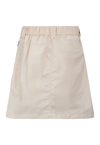 Lichtbeige rok met een elastische tailleband, gemaakt van gladde stof, heeft een rechte snit en minimale stikdetails.