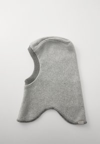 Gray fleece balaclava with ribbed gray trim, featuring a smooth texture and rounded shape, designed for head and neck coverage.