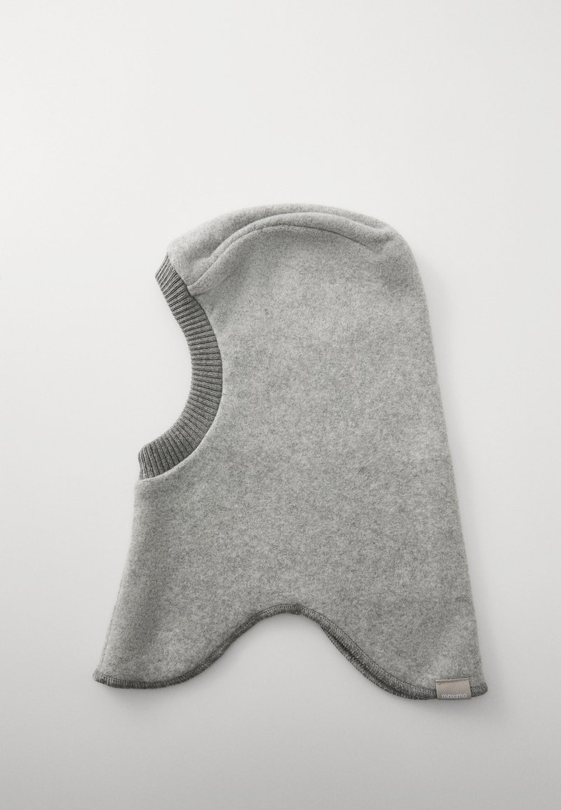 Gray fleece balaclava with ribbed gray trim, featuring a smooth texture and rounded shape, designed for head and neck coverage.