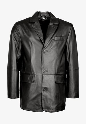 Sort læderblazer med klapkrave, to-knapslukning, to frontlommer og en glat tekstur. Skræddersyet design med en tætsiddende silhuet.