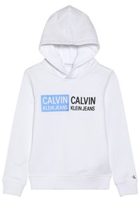 Biała bluza z kapturem z dużą niebieską i czarną grafiką tekstową z napisem "CALVIN KLEIN JEANS." Posiada przednią kieszeń typu kangur i regulowany kaptur.