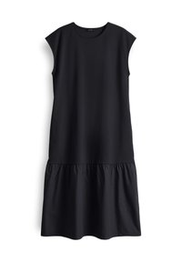 Schwarzes Kleid mit rundem Ausschnitt, kurzen Ärmeln und gestuftem Saum. Hergestellt aus glattem Stoff, mit einer lockeren Silhouette und ohne sichtbare Hardware.