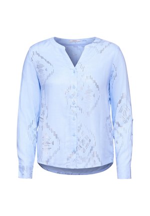 Light blue, long-sleeve shirt with a V-neck and button closure. Features patterned texture with diagonal lines and geometric shapes.