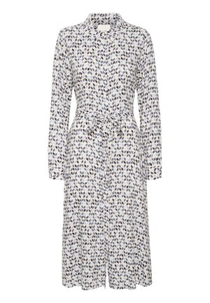 Musterkleid aus leichtem Stoff; mit einem kragenlosen Ausschnitt, langen Ärmeln, Taillengürtel und geometrischen blauen und marineblauen Designs auf einem cremefarbenen Hintergrund.