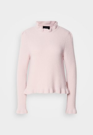Pull longue à manches longues de couleur rose clair, avec une texture côtelée, un col à volants et un ourlet froncé. Coupe décontractée avec des manches ajustées. Design décontracté.