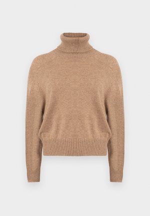 Beige turtleneck sweater made from soft knit fabric, featuring ribbed cuffs and hem, relaxed fit, and raglan sleeves for a casual look.