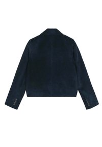 Blazer de pana azul marino, diseño corto, cuello con muesca, mangas largas con puños abotonados, tela texturizada, estilo minimalista, vista trasera.