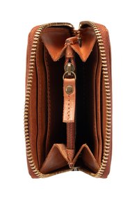 Brown leather wallet with a gold zipper, featuring multiple card slots and a central zippered compartment. Smooth texture, compact design.
