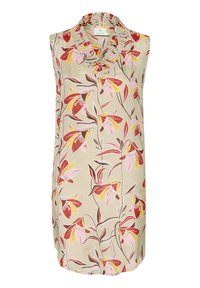 Mouwloze top met bloemenpatroon in lichtbeige, met een gerimpelde halslijn en levendige roze, gele en rode bloesems met groene bladeren.