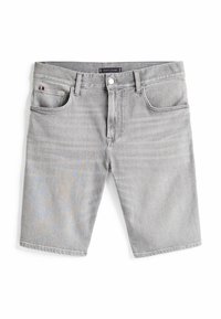 Lichtgrijze denim shorts met een klassieke snit, vijf zakken en een sluiting met een knop aan de voorkant. Heeft subtiele vervaging en gestikte details.