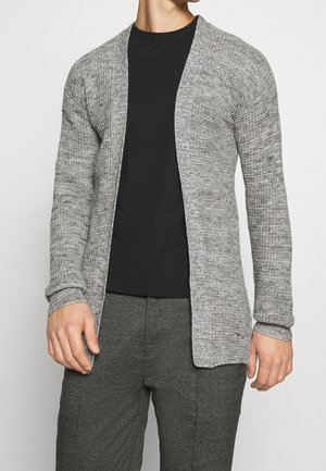 Mand iført en grå åben-front strikket cardigan over en sort skjorte og grå ternede bukser, stående mod en ensfarvet baggrund.