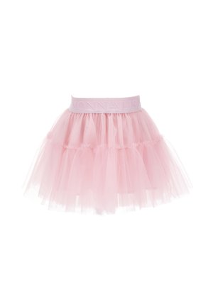 Jupe en tulle rose à volants avec taille élastique brodée du mot "MONNALISA", conçue pour les filles.