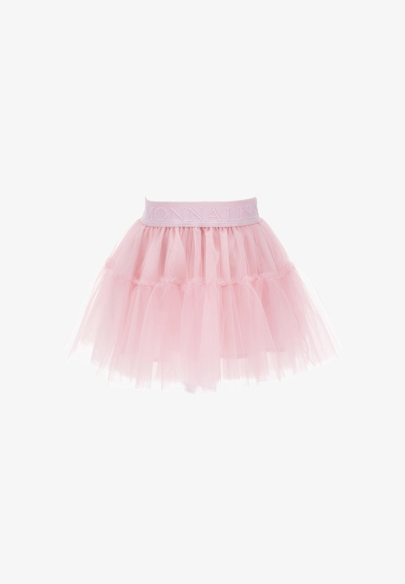 Jupe en tulle rose à volants avec taille élastique brodée du mot "MONNALISA", conçue pour les filles.