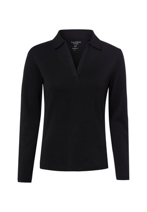 Polo nera a manica lunga con colletto e scollo a V, vestibilità regolare, realizzata in puro cotone, taglia piccola.