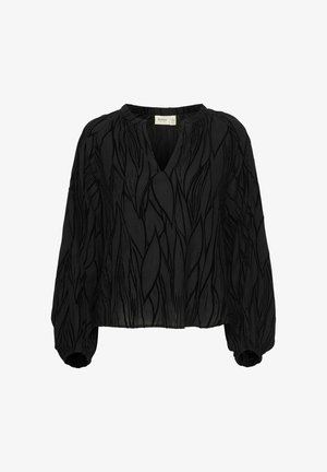 Czarna bluzka o fakturze z dekoltem w kształcie litery V, długimi bufkami i wzorem liści. Wykonana z lekkiego materiału z marszczonymi mankietami.