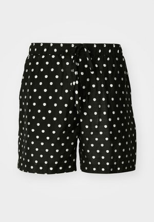 Shorts noirs avec des pois blancs, taille élastique avec cordon de serrage, tissu léger et coupe décontractée pour le confort.