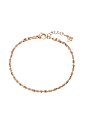 Bracelet délicat en chaîne torsadée en or rose avec fermoir mousqueton et chaîne d'extension réglable se terminant par un petit pendentif en forme de cœur.