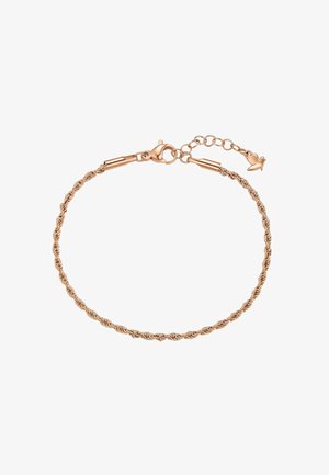 Delicado brazalete de cadena de cuerda trenzada en oro rosa con cierre de langosta y cadena de extensión ajustable que termina en un pequeño colgante en forma de corazón.