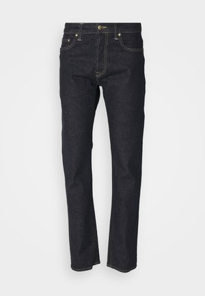Donkerblauwe denim broek met een rechte pasvorm, voorzien van een knoopsluiting, vijf zakken en gouden stikselaccenten. Glad textuur.