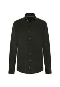 Camisa de manga larga verde oscuro hecha de tela texturizada con un diseño abotonado, que presenta un cuello puntiagudo y sutiles detalles de botones.