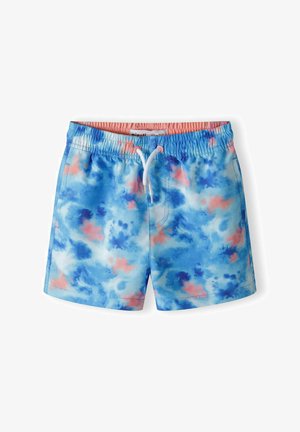 Costume de baie scurt în model tie-dye de albastru și roz, fabricat dintr-un material ușor. Dispune de un tiv elastic și șnur reglabil.