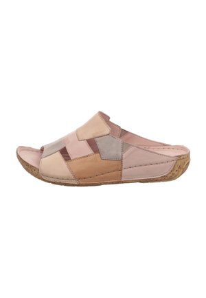 Slip-on-Sandale mit einem Obermaterial aus Leder in Patchwork-Optik in Beige-, Rosa- und Grautönen, ausgestattet mit einer Korksohle und einem offenen Zehendesign.