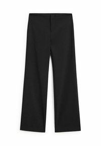 Black wide-leg trousers with a smooth texture, featuring a flat front and vertical seams. No visible pockets or hardware details.