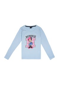 Camicia a maniche lunghe di colore azzurro chiaro con un design stampato di Minnie Mouse, con testo audace in nero e rosa che recita "MINNIE" e accenti decorativi.