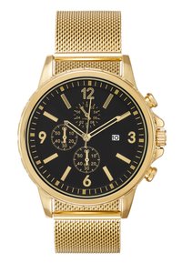 Montre chronographe dorée avec un cadran noir, bracelet en maille, index horaires numériques et sous-cadrans pour les secondes, les minutes et les heures.