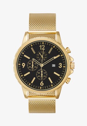 Relógio cronógrafo em tom de ouro com mostrador preto, bracelete de malha, marcadores de horas numéricos e submostradores para segundos, minutos e horas.