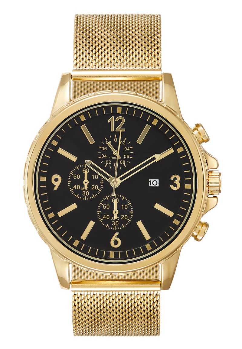 Montre chronographe dorée avec un cadran noir, bracelet en maille, index horaires numériques et sous-cadrans pour les secondes, les minutes et les heures.