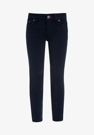 Jean slim bleu marine foncé avec bouton à l'avant et poches, présenté sur fond blanc.