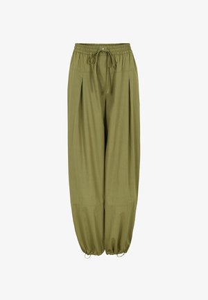 Oliivirohelised püksid, millel on paelaga vöökoht, volditud esikülg ja elastsed sääreotsad. Materjal tundub kerge ja sile.