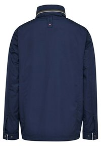Navy blue jacket featuring a stand collar, contrasting stripes, and buttoned cuffs. Made from smooth fabric with a structured design.