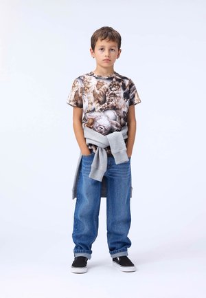 Dreng iført en T-shirt med korte ærmer med print af en flerfarvet kat, grå sweater bundet om taljen, blå jeans og sorte sneakers.
