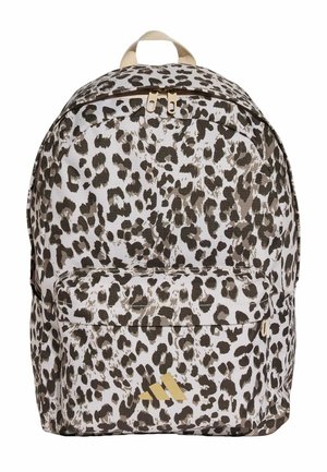 Mochila con estampado de leopardo en tonos marrón y beige, bolsillo frontal con cremallera, logo dorado de Adidas y asa superior beige.