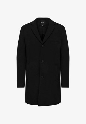Manteau noir en mélange de laine au design ajusté ; doté d'une fermeture à un bouton, de revers en pointe et de poches latérales. Texture lisse.