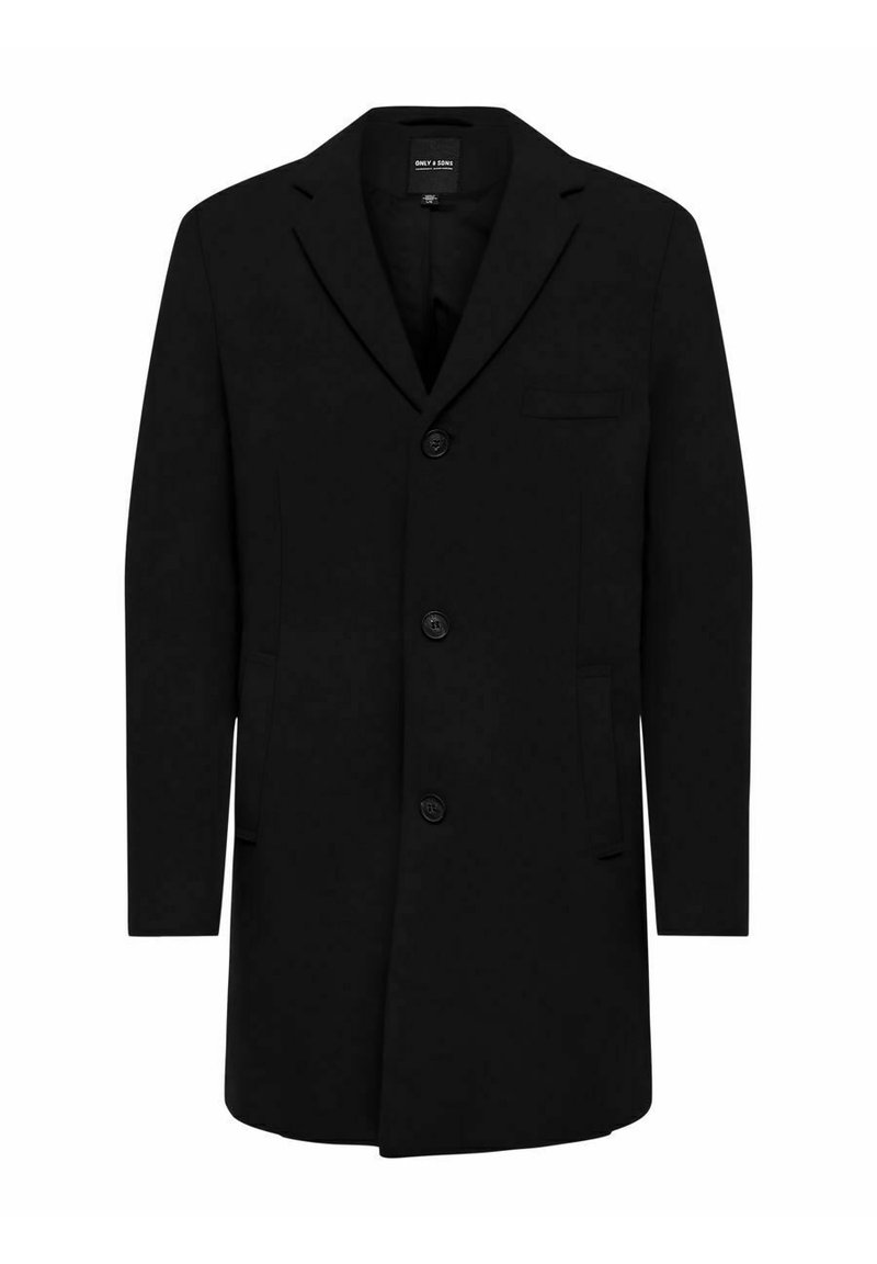 Black coat made of wool blend with a tailored design; features a single-button closure, notch lapels, and side pockets. Smooth texture.